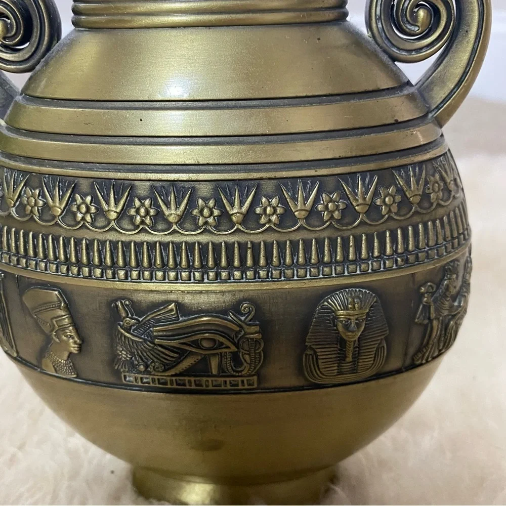 Vintage Unique Pewter Brass Colored Metalware Eclectic Egyptian Vase